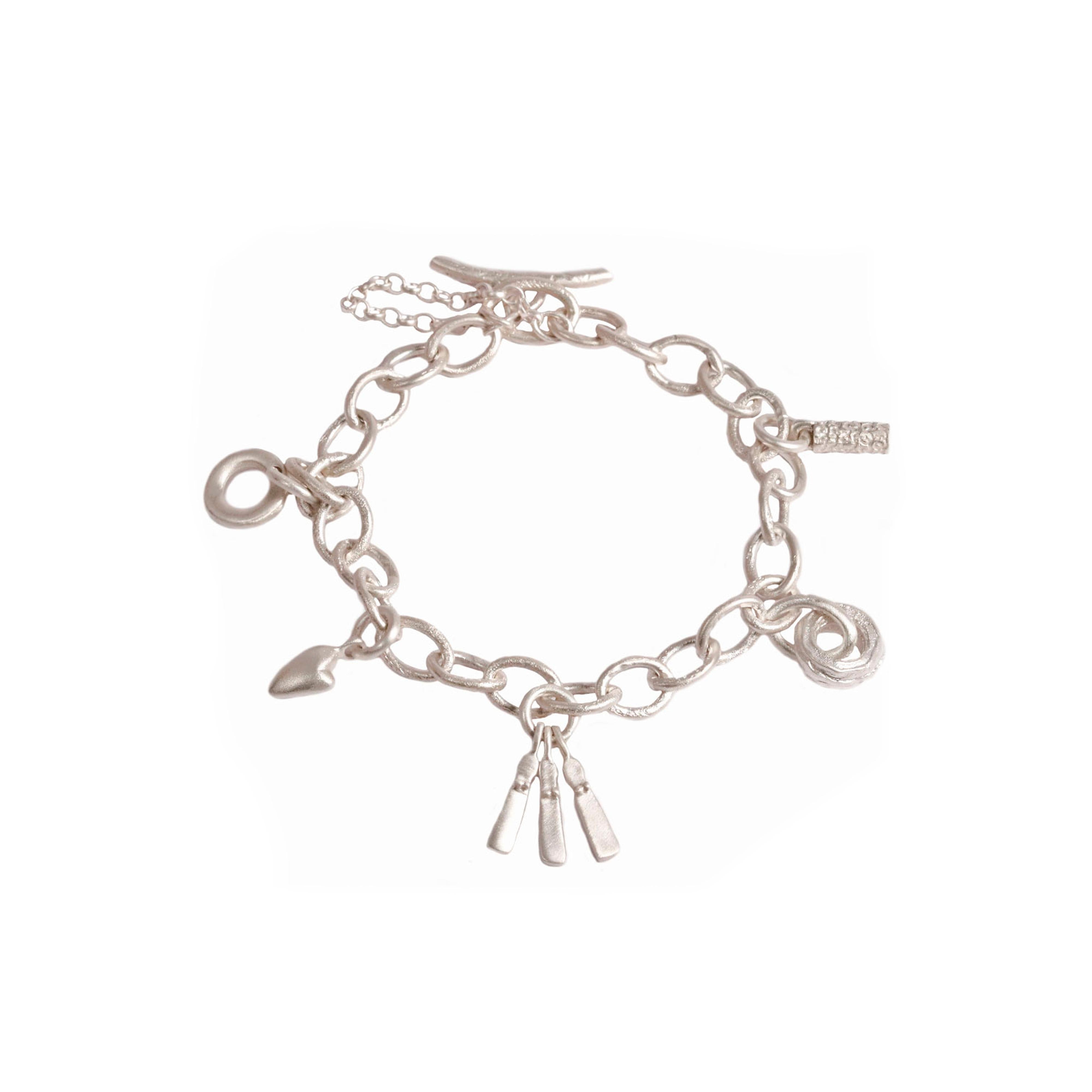 Fine Link Textured Charm Bracelet With Five Charms