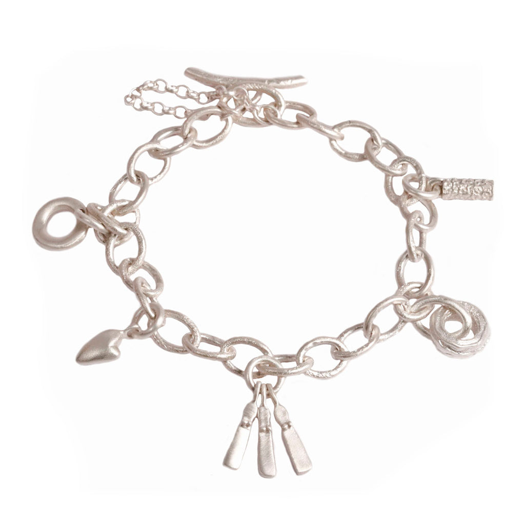 Fine Link Textured Charm Bracelet With Five Charms