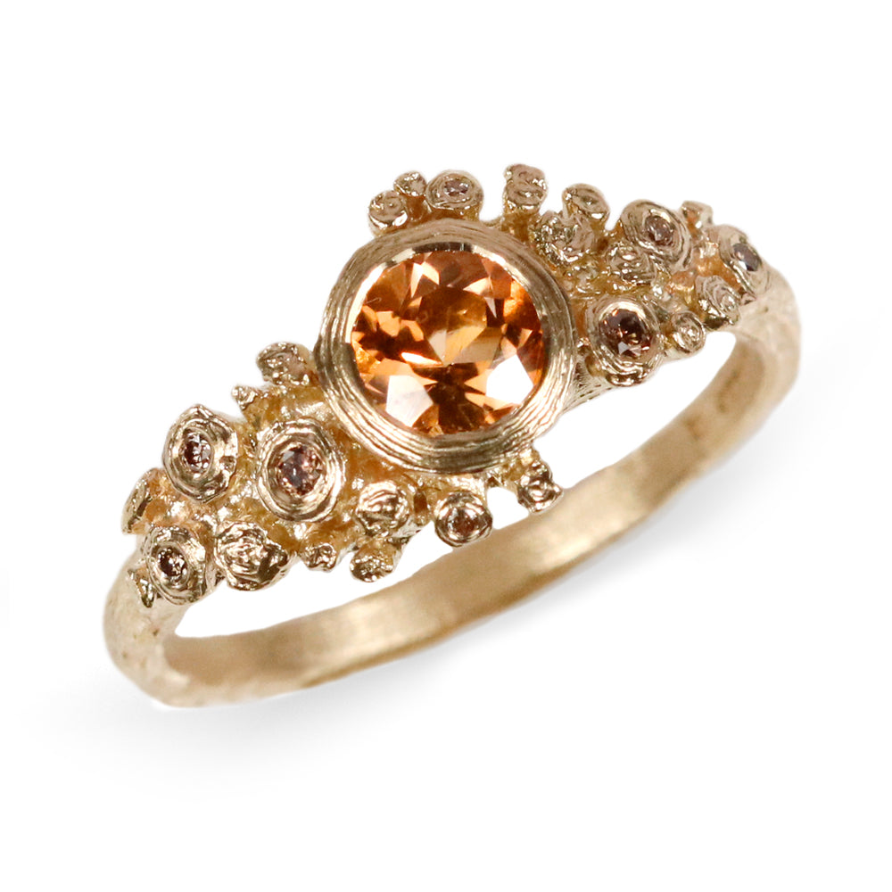 Yellow Gold Cluster Ring with Peach Tourmaline and Champagne Diamonds