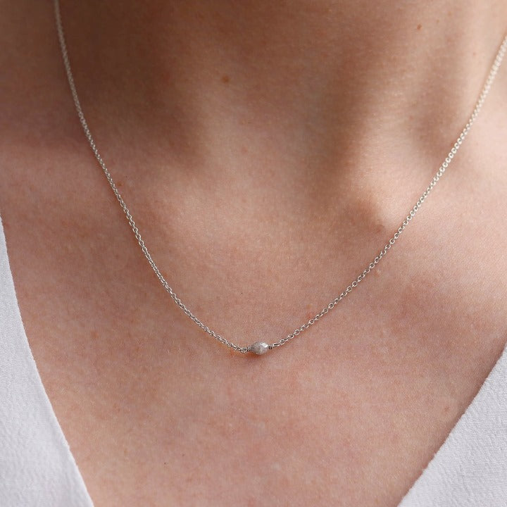 9ct Fair-mined White Gold necklace with oval grey diamond bead
