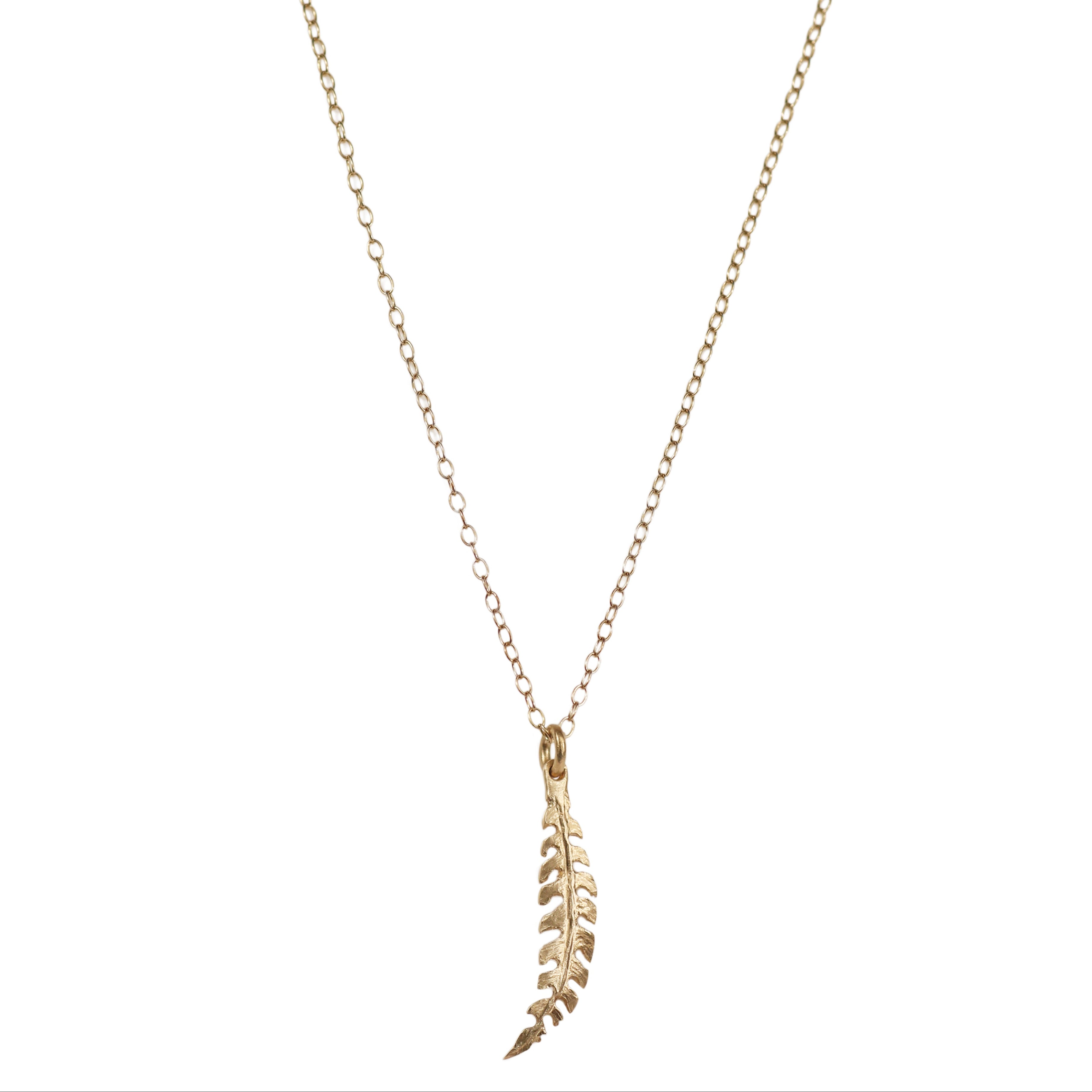 A 9ct yellow gold fern pendant on a fine trace, on a white background