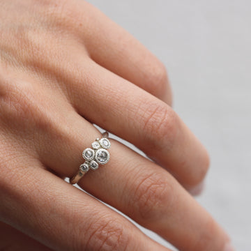 White Gold Ring with Salt and Pepper Rose Cut Diamonds worn on hand 