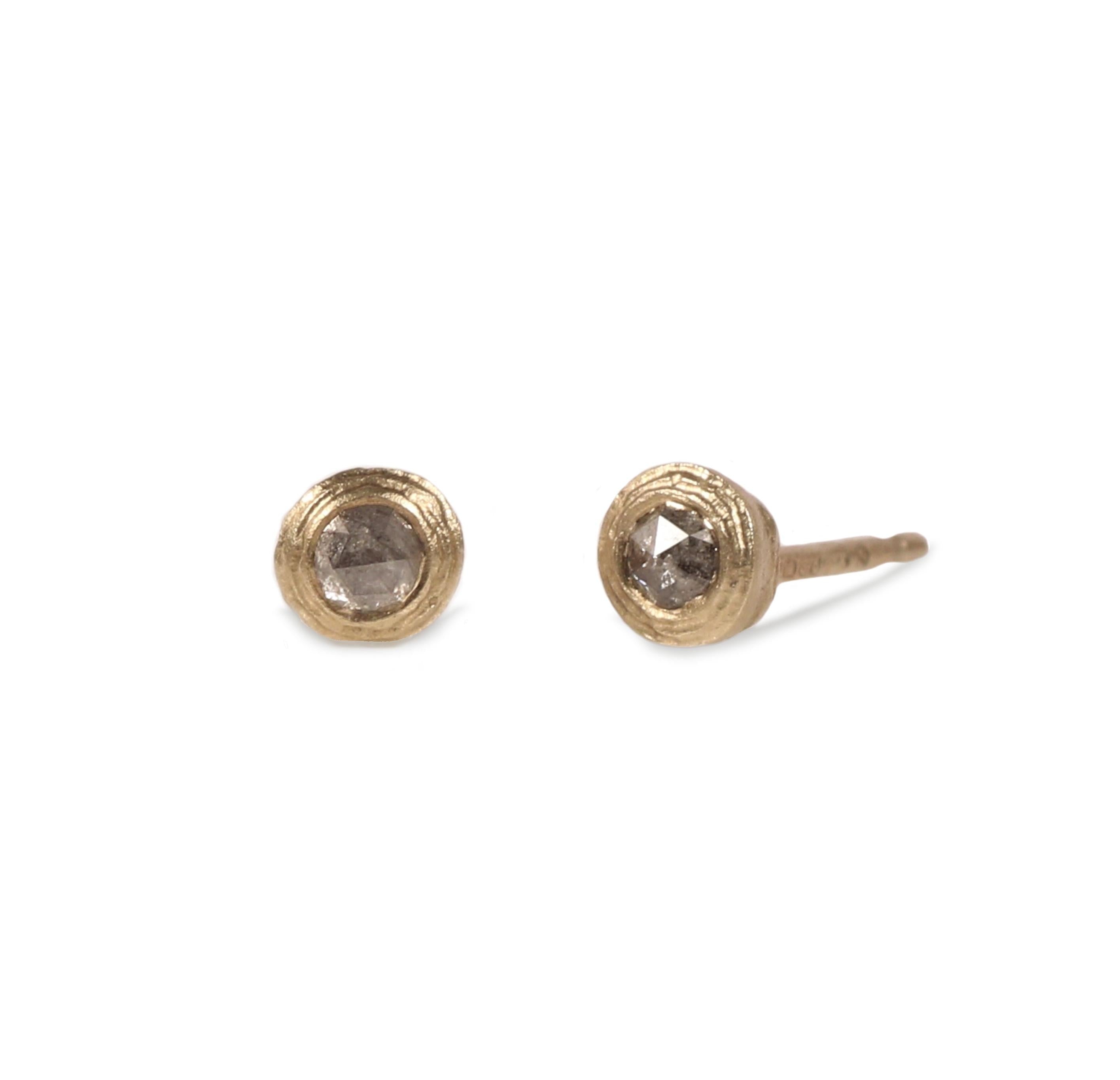 9ct Fairtrade Textured Yellow Gold Ear Studs with Grey Rose Cut Diamonds