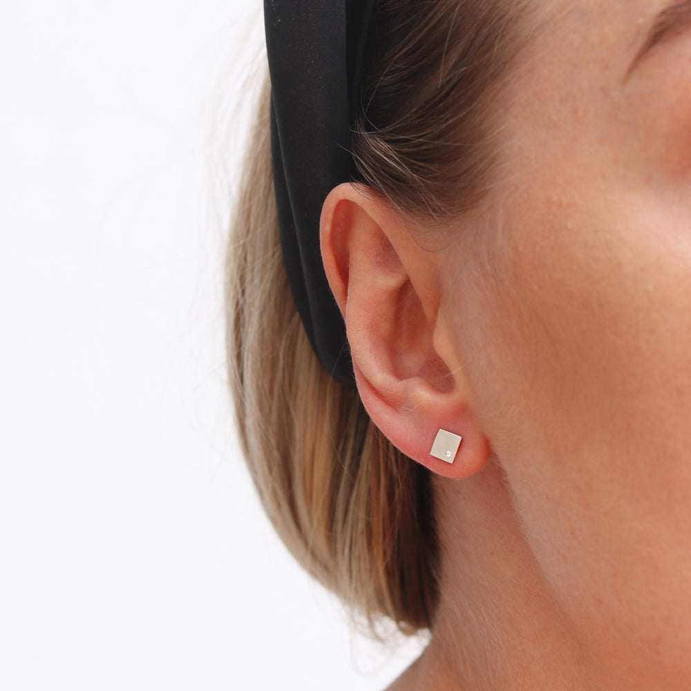 Square Silver and Diamond Ear Studs