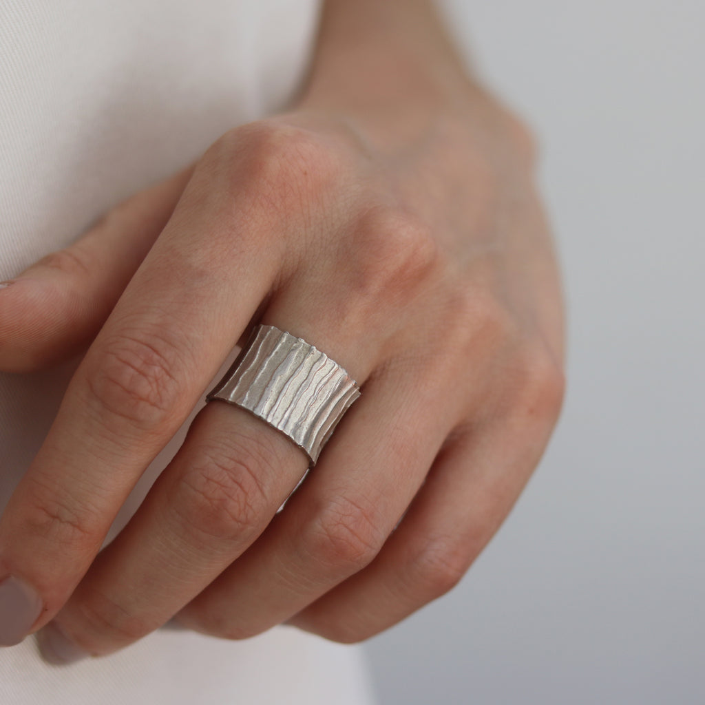 Wide Oxidised Silver 'Strata' Stripe Ring