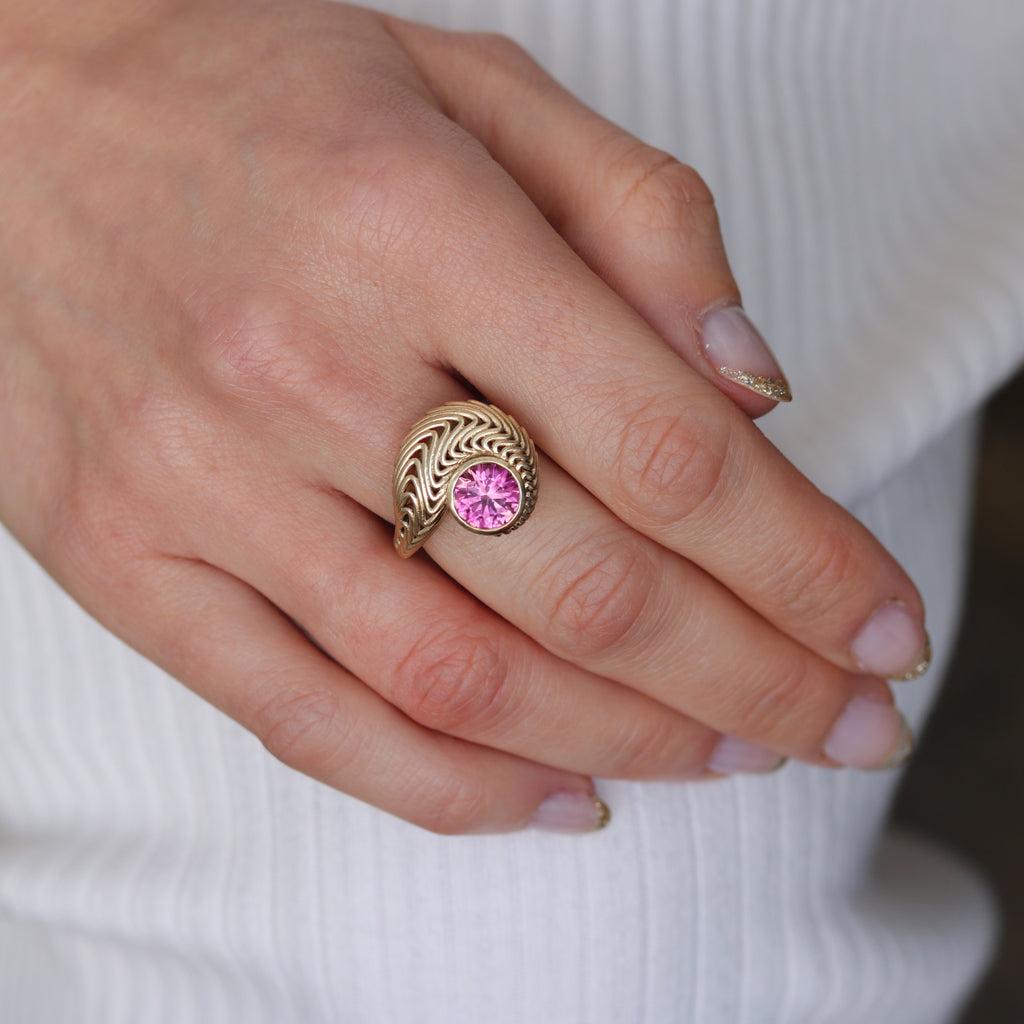 Lynne Maclachlan Pink Tourmaline and 9ct Yellow Gold Swirl Ring